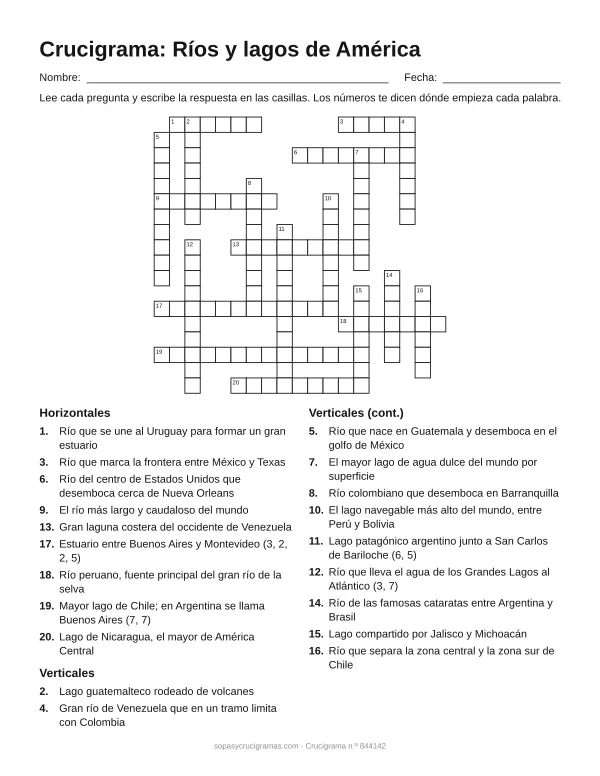 Hoja para imprimir del crucigrama de ríos y lagos de América: cuadrícula numerada de 18 × 19 con 9 palabras horizontales y 11 verticales, y la lista de pistas.