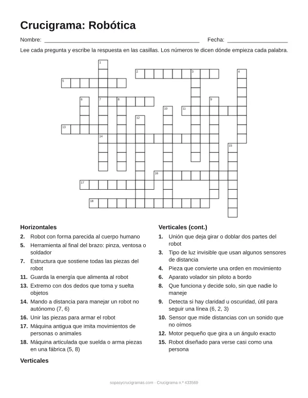 Hoja para imprimir del crucigrama de robótica: cuadrícula numerada de 17 × 20 con 9 palabras horizontales y 9 verticales, y la lista de pistas.