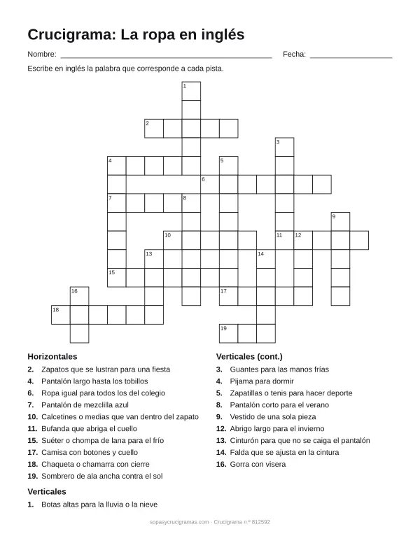Hoja para imprimir del crucigrama de la ropa en inglés: cuadrícula numerada de 14 × 17 con 10 palabras horizontales y 10 verticales, y la lista de pistas.
