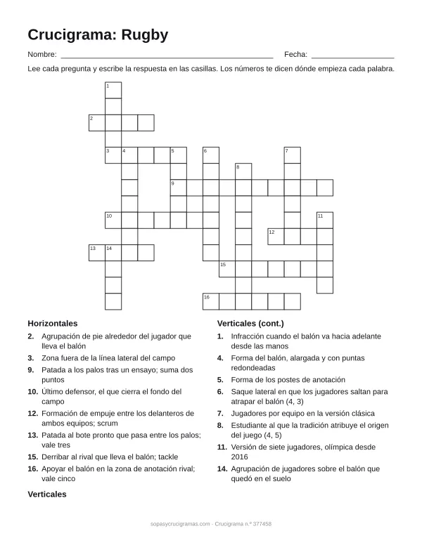 Hoja para imprimir del crucigrama de rugby: cuadrícula numerada de 14 × 15 con 8 palabras horizontales y 8 verticales, y la lista de pistas.