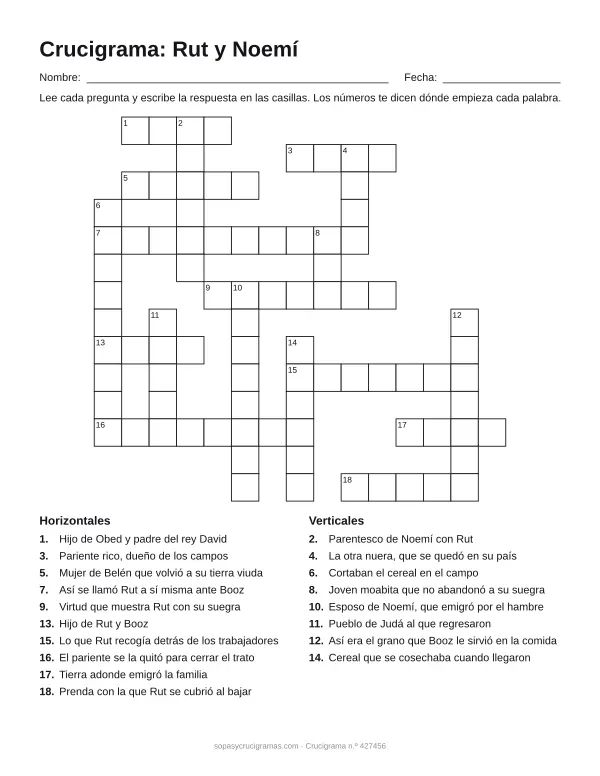 Hoja para imprimir del crucigrama del libro de Rut: cuadrícula numerada de 14 × 15 con 10 palabras horizontales y 8 verticales, y la lista de pistas.