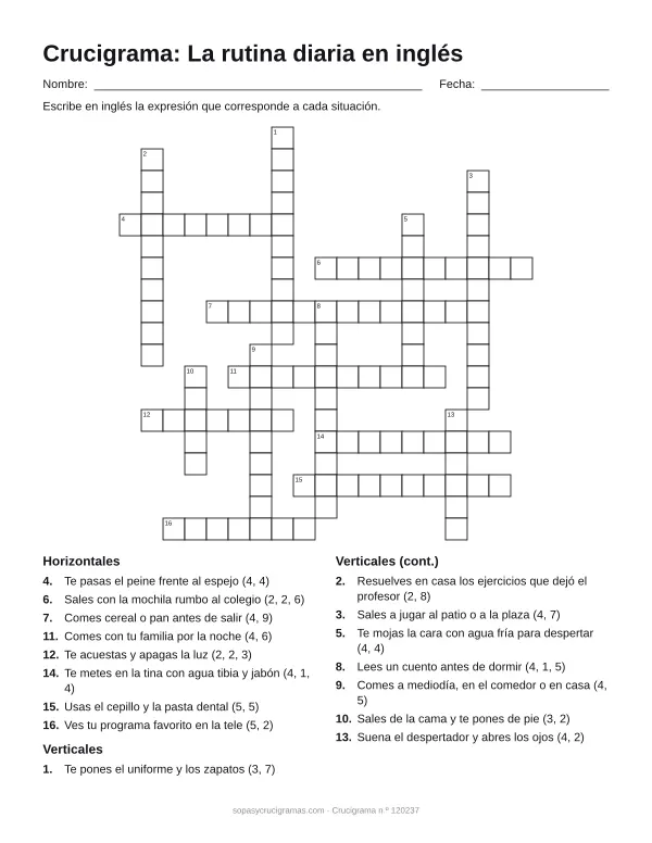 Hoja para imprimir del crucigrama de la rutina en inglés: cuadrícula numerada de 19 × 19 con 8 palabras horizontales y 8 verticales, y la lista de pistas.
