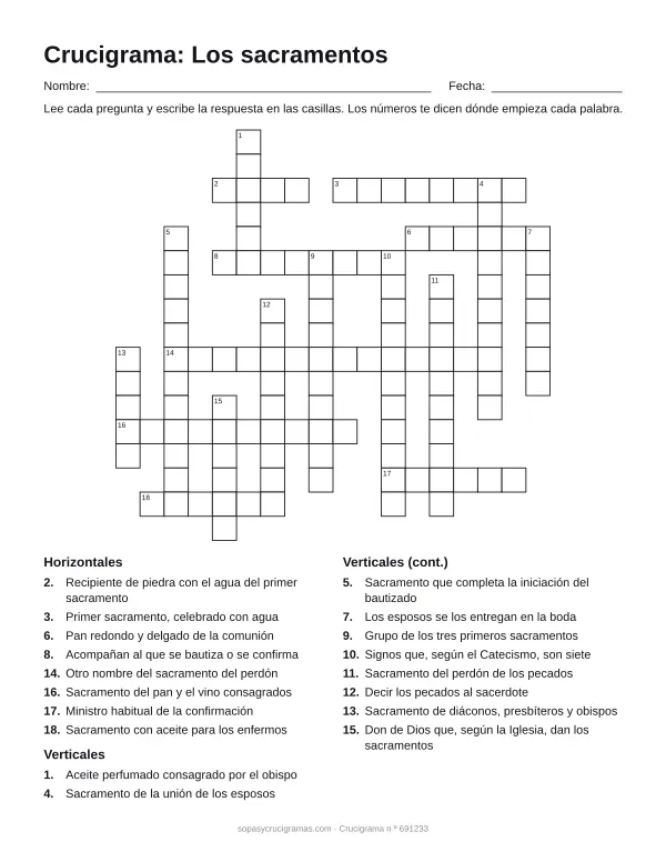 Hoja para imprimir del crucigrama de los siete sacramentos: cuadrícula numerada de 17 × 18 con 8 palabras horizontales y 10 verticales, y la lista de pistas.