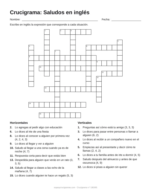 Hoja para imprimir del crucigrama de saludos en inglés: cuadrícula numerada de 17 × 18 con 9 palabras horizontales y 7 verticales, y la lista de pistas.