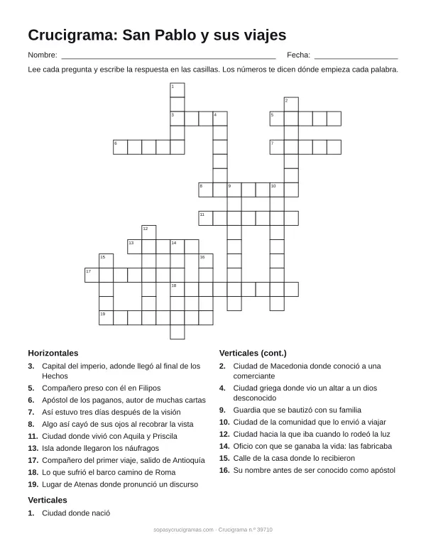 Hoja para imprimir del crucigrama de san Pablo y sus viajes: cuadrícula numerada de 18 × 18 con 10 palabras horizontales y 9 verticales, y la lista de pistas.