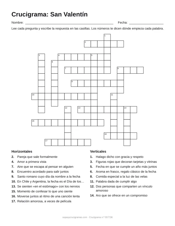 Hoja para imprimir del crucigrama de San Valentín: cuadrícula numerada de 17 × 17 con 10 palabras horizontales y 8 verticales, y la lista de pistas.