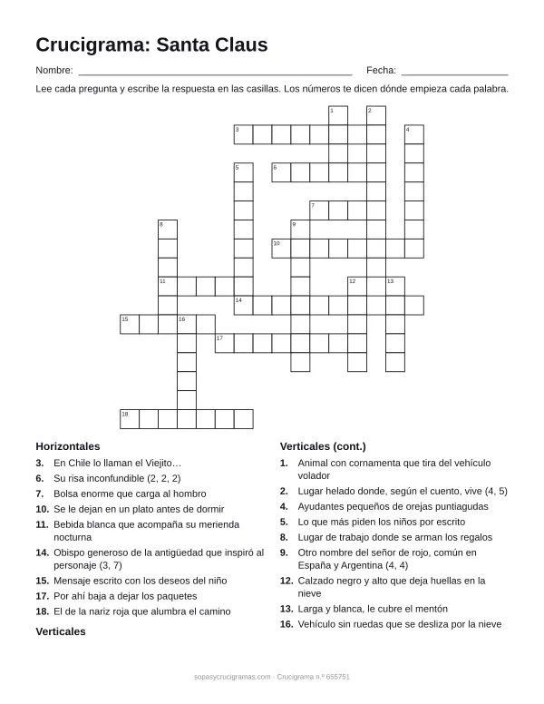 Hoja para imprimir del crucigrama de Santa Claus: cuadrícula numerada de 17 × 16 con 9 palabras horizontales y 9 verticales, y la lista de pistas.