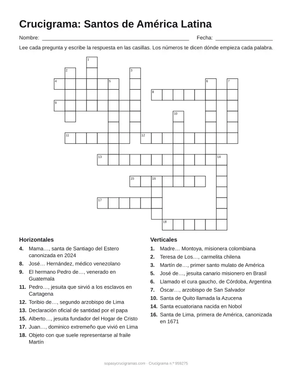 Hoja para imprimir del crucigrama de santos de América Latina: cuadrícula numerada de 16 × 17 con 9 palabras horizontales y 9 verticales, y la lista de pistas.
