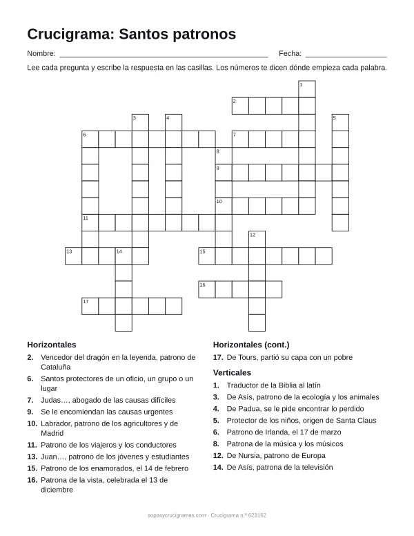 Hoja para imprimir del crucigrama de santos patronos: cuadrícula numerada de 15 × 17 con 10 palabras horizontales y 8 verticales, y la lista de pistas.
