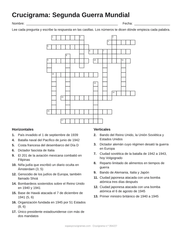 Hoja para imprimir del crucigrama de la Segunda Guerra Mundial: cuadrícula numerada de 19 × 19 con 11 palabras horizontales y 8 verticales, y la lista de pistas.