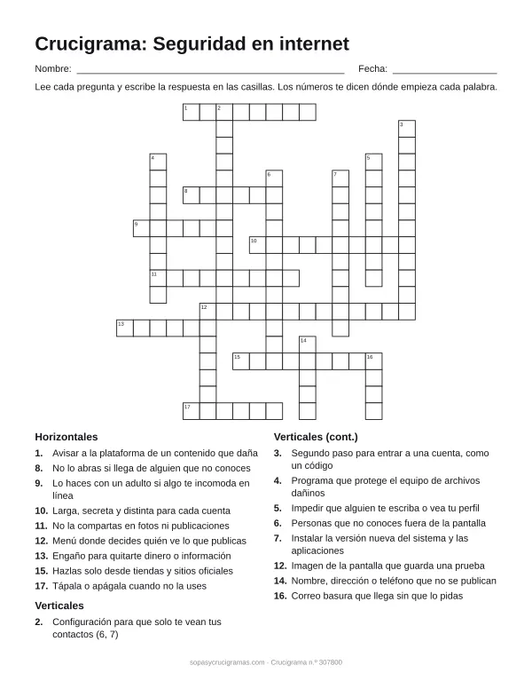 Hoja para imprimir del crucigrama de seguridad en internet: cuadrícula numerada de 19 × 18 con 9 palabras horizontales y 9 verticales, y la lista de pistas.