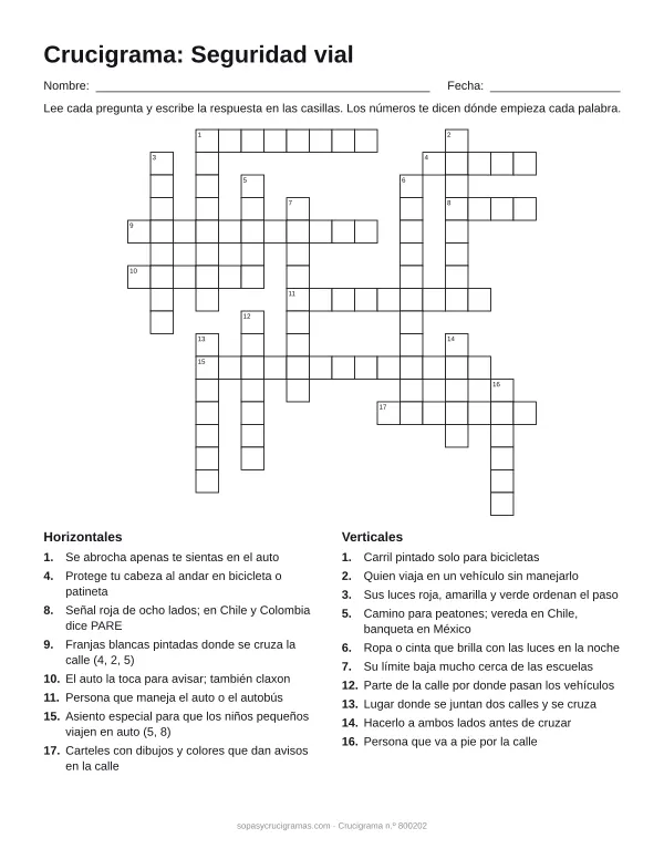 Hoja para imprimir del crucigrama de seguridad vial: cuadrícula numerada de 17 × 18 con 8 palabras horizontales y 10 verticales, y la lista de pistas.
