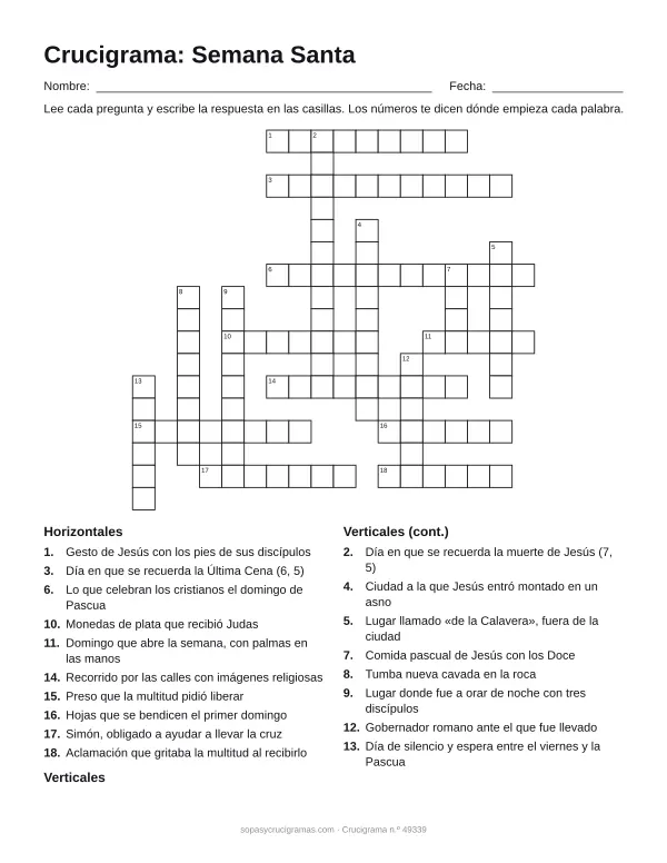 Hoja para imprimir del crucigrama de Semana Santa: cuadrícula numerada de 17 × 18 con 10 palabras horizontales y 8 verticales, y la lista de pistas.