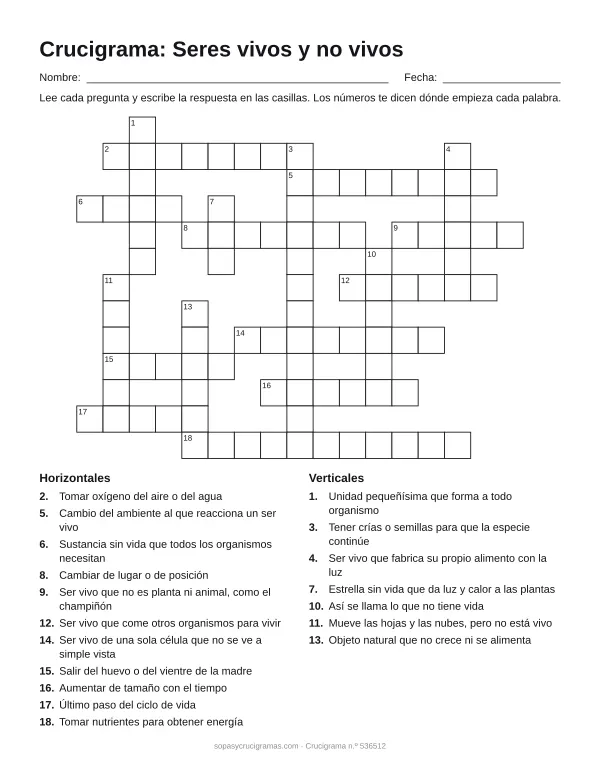Hoja para imprimir del crucigrama de los seres vivos: cuadrícula numerada de 13 × 17 con 11 palabras horizontales y 7 verticales, y la lista de pistas.