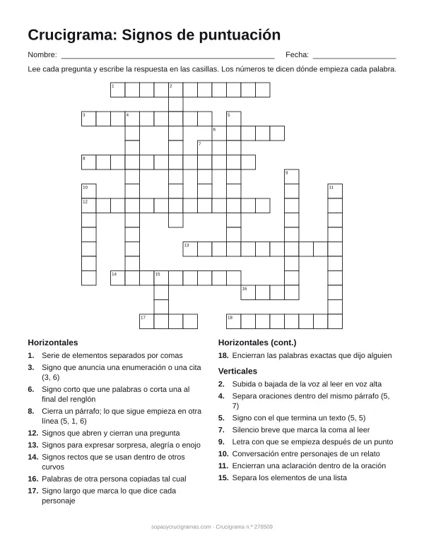 Hoja para imprimir del crucigrama de los signos de puntuación: cuadrícula numerada de 17 × 18 con 10 palabras horizontales y 8 verticales, y la lista de pistas.