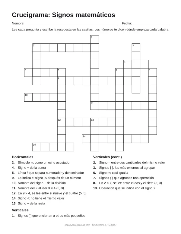 Hoja para imprimir del crucigrama de signos matemáticos: cuadrícula numerada de 14 × 16 con 9 palabras horizontales y 7 verticales, y la lista de pistas.