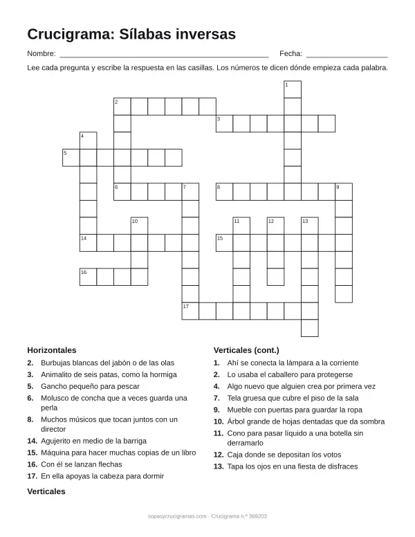 Hoja para imprimir del crucigrama de sílabas inversas: cuadrícula numerada de 15 × 17 con 9 palabras horizontales y 9 verticales, y la lista de pistas.