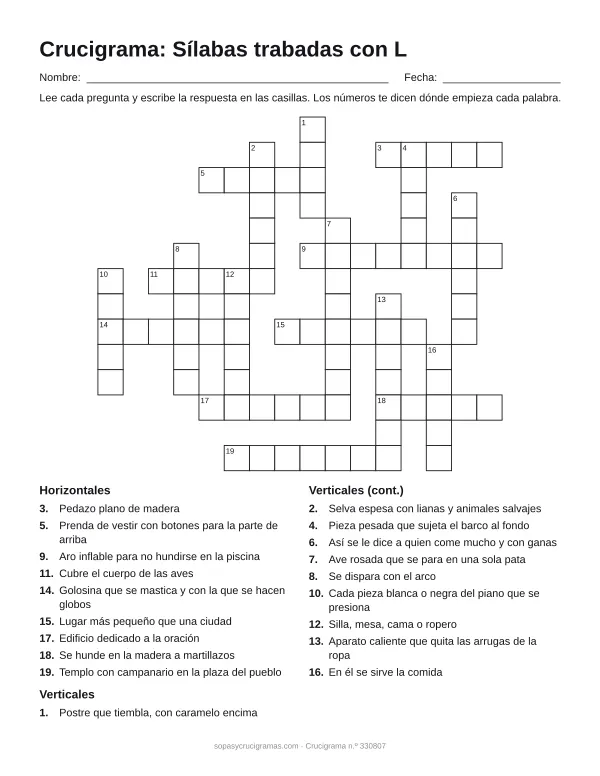Hoja para imprimir del crucigrama de sílabas trabadas con L: cuadrícula numerada de 14 × 16 con 9 palabras horizontales y 10 verticales, y la lista de pistas.