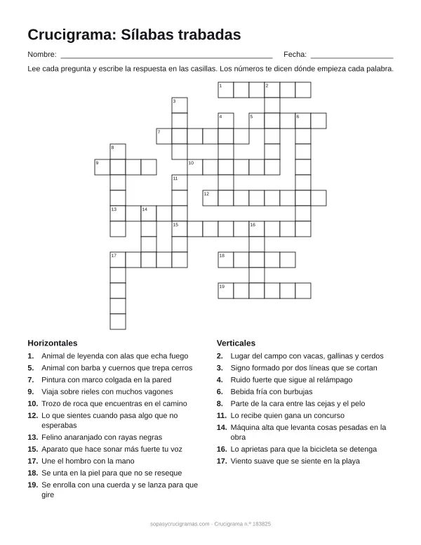 Hoja para imprimir del crucigrama de sílabas trabadas: cuadrícula numerada de 16 × 15 con 11 palabras horizontales y 9 verticales, y la lista de pistas.