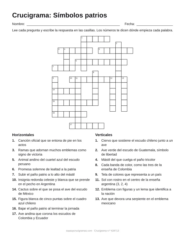 Hoja para imprimir del crucigrama de los símbolos patrios: cuadrícula numerada de 16 × 14 con 10 palabras horizontales y 8 verticales, y la lista de pistas.