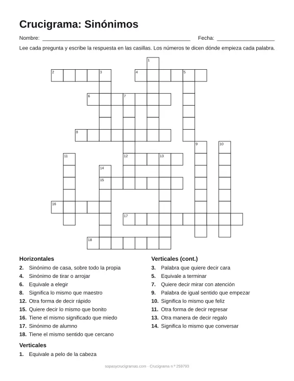 Hoja para imprimir del crucigrama de sinónimos: cuadrícula numerada de 16 × 16 con 9 palabras horizontales y 9 verticales, y la lista de pistas.