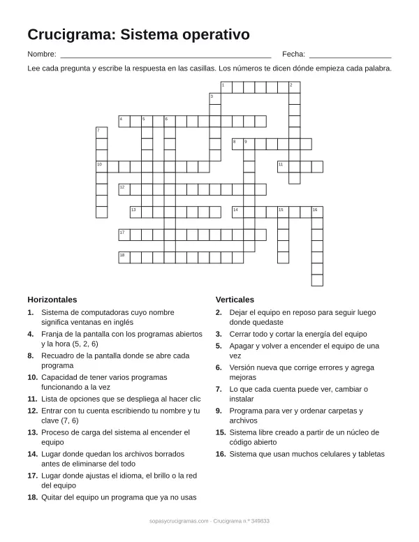 Hoja para imprimir del crucigrama del sistema operativo: cuadrícula numerada de 18 × 20 con 10 palabras horizontales y 8 verticales, y la lista de pistas.