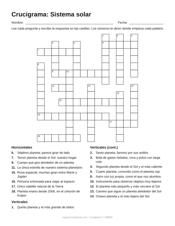 Hoja para imprimir del crucigrama del sistema solar: cuadrícula numerada de 15 × 14 con 8 palabras horizontales y 10 verticales, y la lista de pistas.