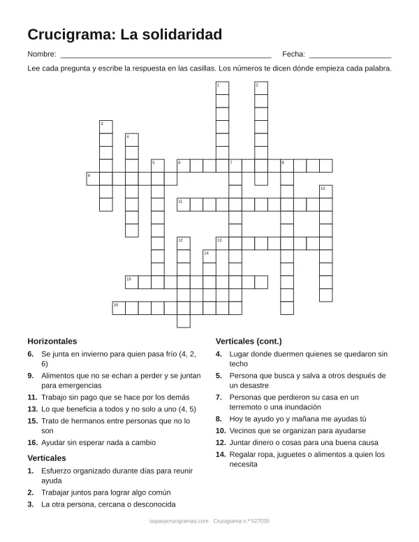 Hoja para imprimir del crucigrama de la solidaridad: cuadrícula numerada de 19 × 19 con 6 palabras horizontales y 10 verticales, y la lista de pistas.