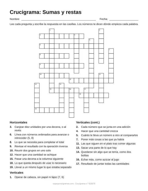 Hoja para imprimir del crucigrama de sumas y restas: cuadrícula numerada de 18 × 16 con 9 palabras horizontales y 10 verticales, y la lista de pistas.