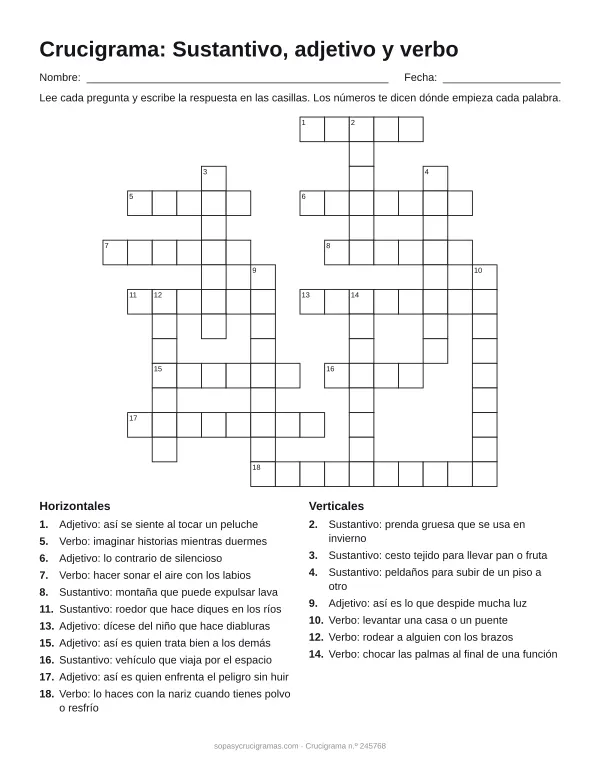 Hoja para imprimir del crucigrama de sustantivo, adjetivo y verbo: cuadrícula numerada de 15 × 16 con 11 palabras horizontales y 7 verticales, y la lista de pistas.