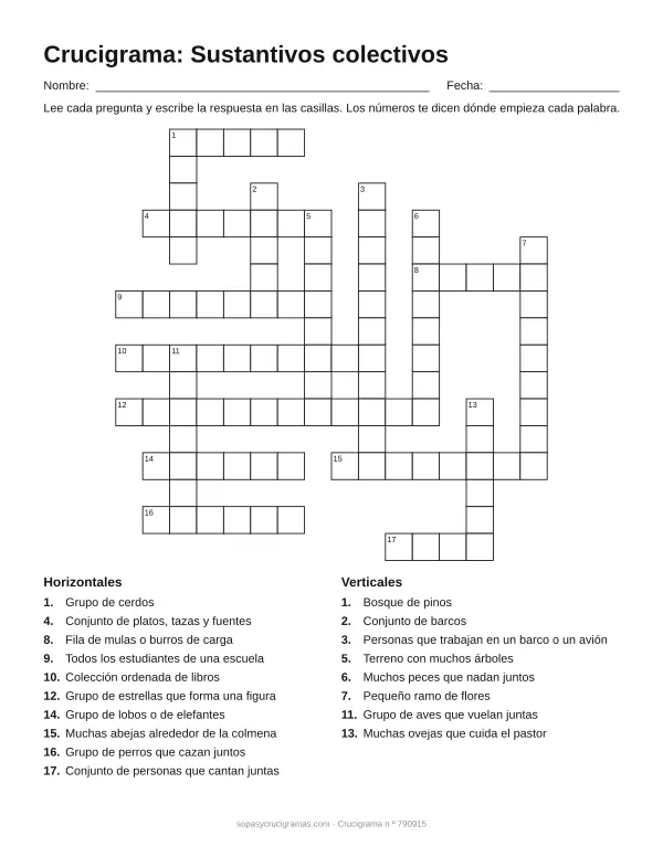 Hoja para imprimir del crucigrama de sustantivos colectivos: cuadrícula numerada de 16 × 16 con 10 palabras horizontales y 8 verticales, y la lista de pistas.