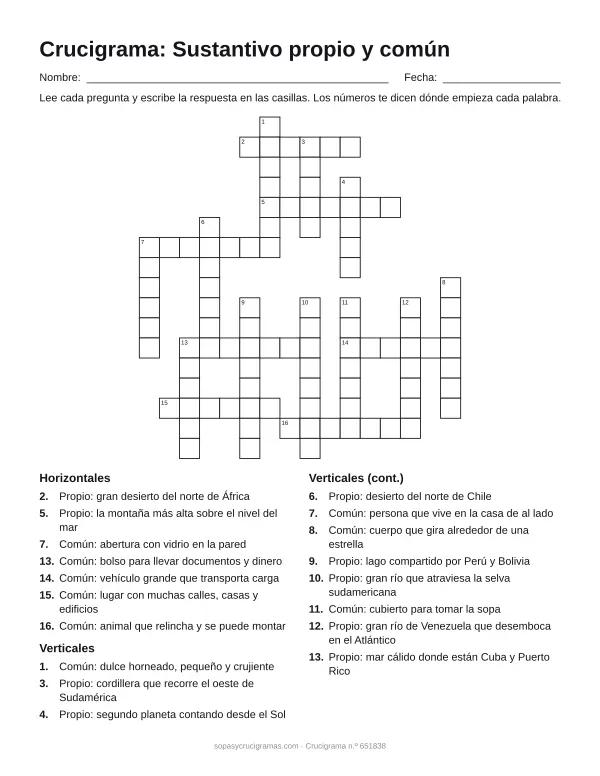Hoja para imprimir del crucigrama de sustantivos propios y comunes: cuadrícula numerada de 17 × 16 con 7 palabras horizontales y 11 verticales, y la lista de pistas.