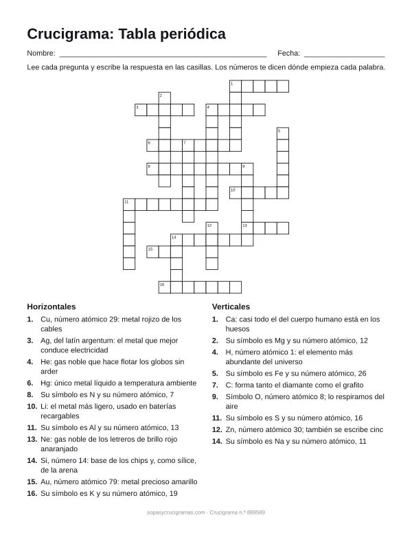 Hoja para imprimir del crucigrama de la tabla periódica: cuadrícula numerada de 18 × 14 con 11 palabras horizontales y 9 verticales, y la lista de pistas.