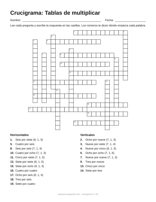 Hoja para imprimir del crucigrama de las tablas de multiplicar: cuadrícula numerada de 22 × 22 con 11 palabras horizontales y 8 verticales, y la lista de pistas.