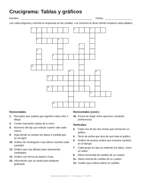 Hoja para imprimir del crucigrama de tablas y gráficos: cuadrícula numerada de 15 × 15 con 9 palabras horizontales y 7 verticales, y la lista de pistas.