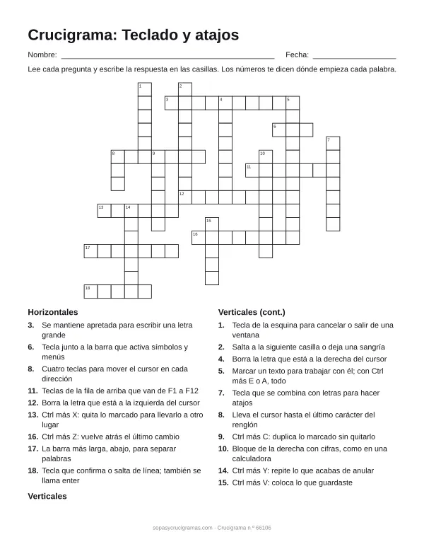 Hoja para imprimir del crucigrama del teclado y los atajos: cuadrícula numerada de 16 × 19 con 9 palabras horizontales y 10 verticales, y la lista de pistas.