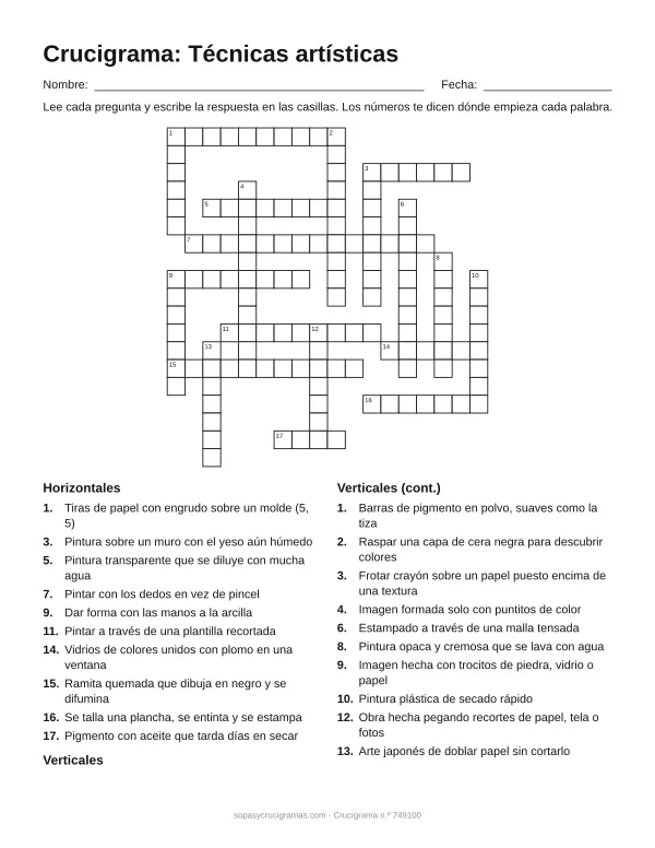 Hoja para imprimir del crucigrama de técnicas artísticas: cuadrícula numerada de 19 × 18 con 10 palabras horizontales y 10 verticales, y la lista de pistas.