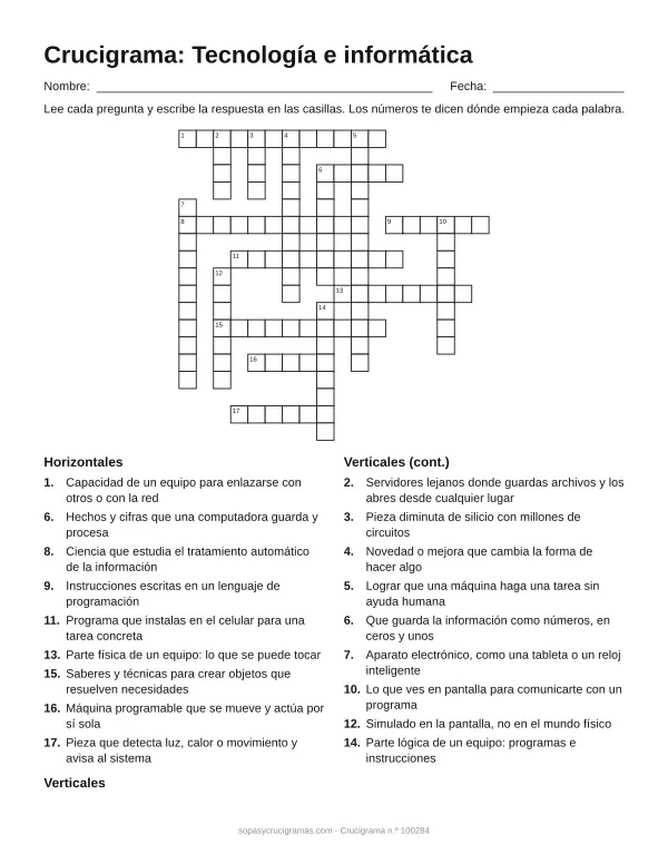 Hoja para imprimir del crucigrama de tecnología e informática: cuadrícula numerada de 18 × 18 con 9 palabras horizontales y 9 verticales, y la lista de pistas.
