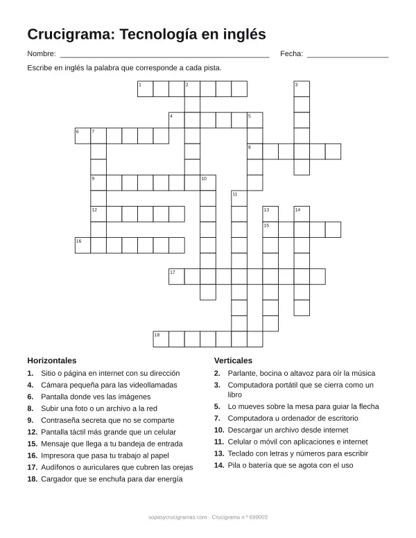Hoja para imprimir del crucigrama de tecnología en inglés: cuadrícula numerada de 17 × 17 con 10 palabras horizontales y 8 verticales, y la lista de pistas.
