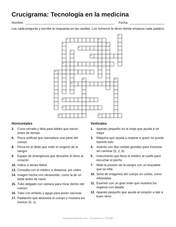 Hoja para imprimir del crucigrama de tecnología en la medicina: cuadrícula numerada de 21 × 17 con 10 palabras horizontales y 8 verticales, y la lista de pistas.
