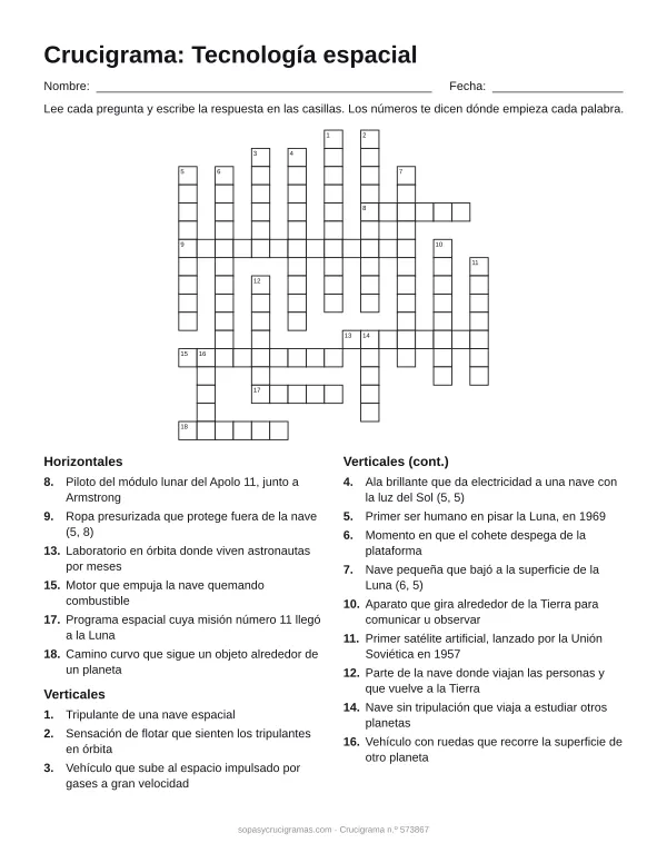 Hoja para imprimir del crucigrama de tecnología espacial: cuadrícula numerada de 17 × 17 con 6 palabras horizontales y 12 verticales, y la lista de pistas.