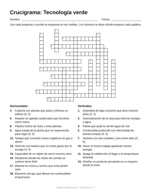 Hoja para imprimir del crucigrama de tecnología verde: cuadrícula numerada de 19 × 21 con 10 palabras horizontales y 8 verticales, y la lista de pistas.