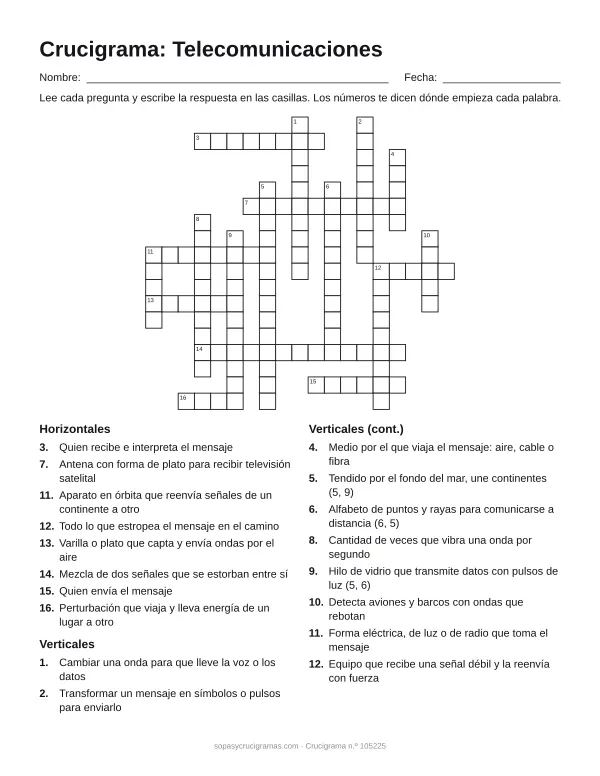 Hoja para imprimir del crucigrama de telecomunicaciones: cuadrícula numerada de 18 × 19 con 8 palabras horizontales y 10 verticales, y la lista de pistas.