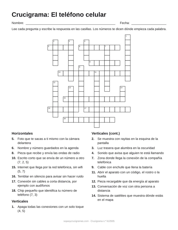 Hoja para imprimir del crucigrama del teléfono celular: cuadrícula numerada de 18 × 16 con 8 palabras horizontales y 10 verticales, y la lista de pistas.