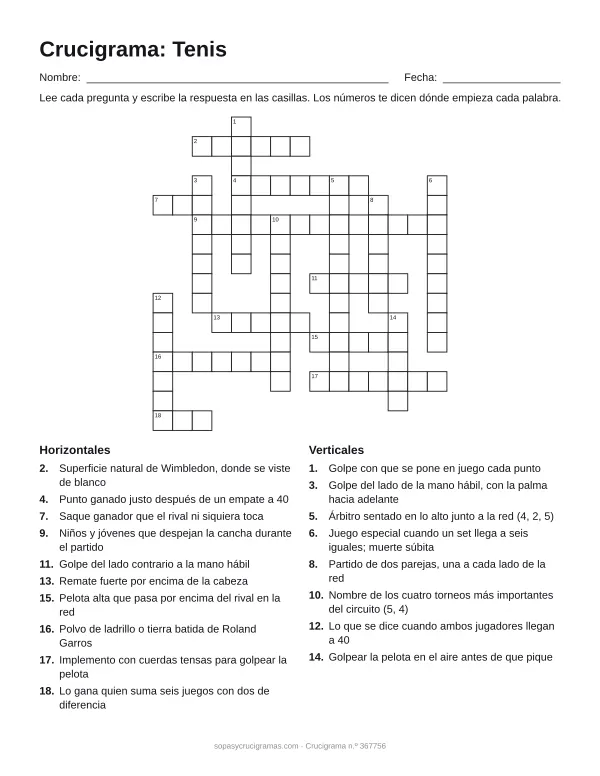 Hoja para imprimir del crucigrama de tenis: cuadrícula numerada de 16 × 15 con 10 palabras horizontales y 8 verticales, y la lista de pistas.