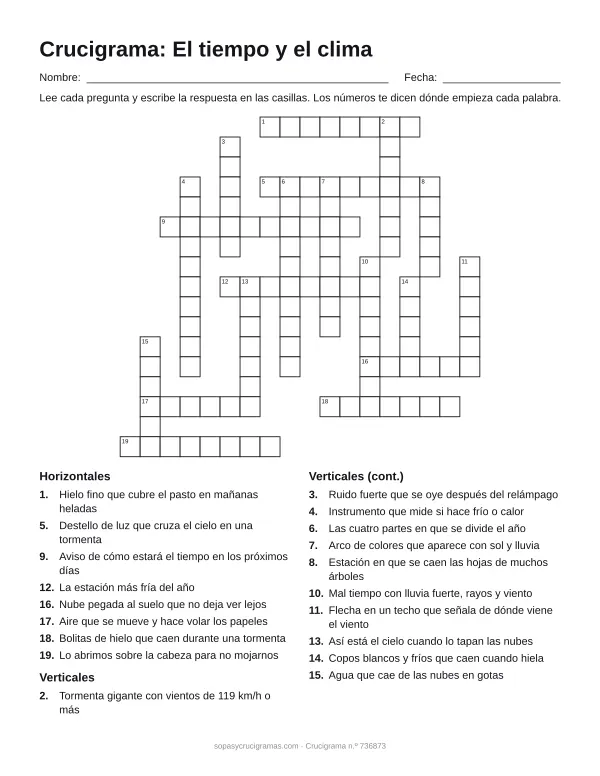 Hoja para imprimir del crucigrama del tiempo y el clima: cuadrícula numerada de 17 × 18 con 8 palabras horizontales y 11 verticales, y la lista de pistas.