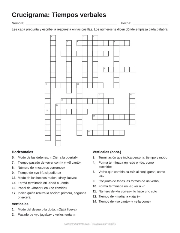 Hoja para imprimir del crucigrama de tiempos verbales: cuadrícula numerada de 21 × 17 con 8 palabras horizontales y 10 verticales, y la lista de pistas.