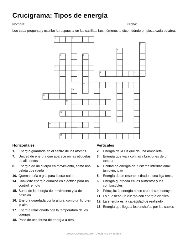 Hoja para imprimir del crucigrama de los tipos de energía: cuadrícula numerada de 18 × 18 con 9 palabras horizontales y 9 verticales, y la lista de pistas.