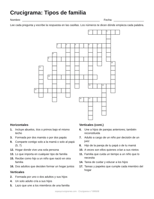 Hoja para imprimir del crucigrama de los tipos de familia: cuadrícula numerada de 20 × 19 con 7 palabras horizontales y 10 verticales, y la lista de pistas.
