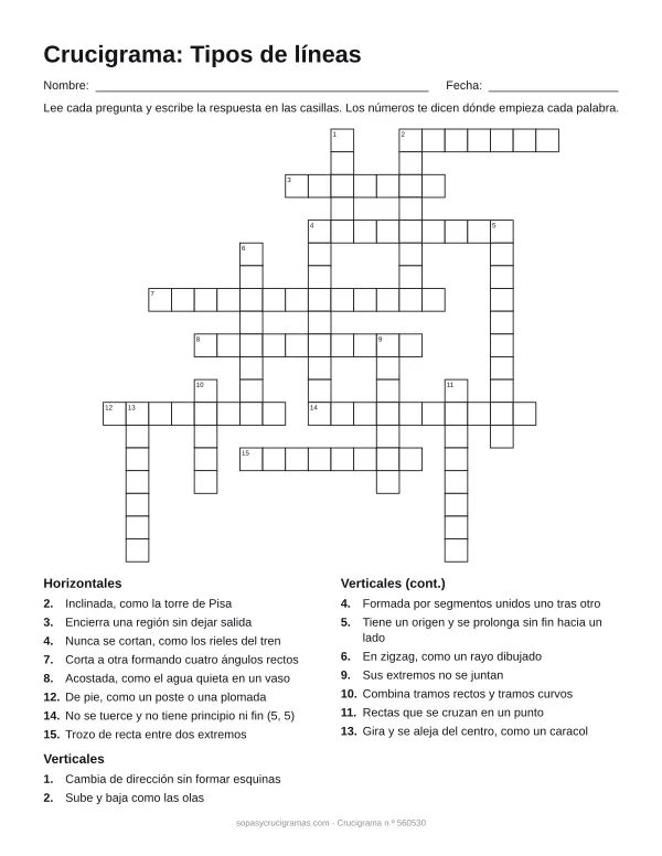 Hoja para imprimir del crucigrama de tipos de líneas: cuadrícula numerada de 19 × 20 con 8 palabras horizontales y 9 verticales, y la lista de pistas.